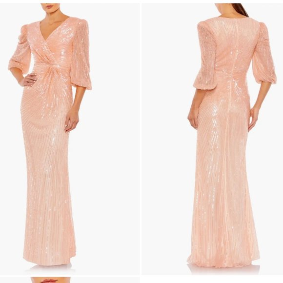 MAC DUGGAL 5614 SEQUINED FAUX WRAP PUFF SLEEVE MAXI PEACH GOWN sz 12 - Picture 3 of 3